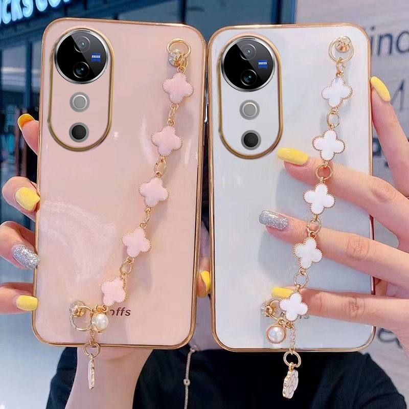 Handphoneปลอกสําหรับvivo V40 Pro Y03T Y28S 5G 4G VIVOV40 V40Pro VIVOV40Pro 2024 ใหม่แฟชั่นเคสโทรศัพท์พร้อมสร้อยข้อมือใบโซ่ปกหลังสีชมพูสีดําSoftcase