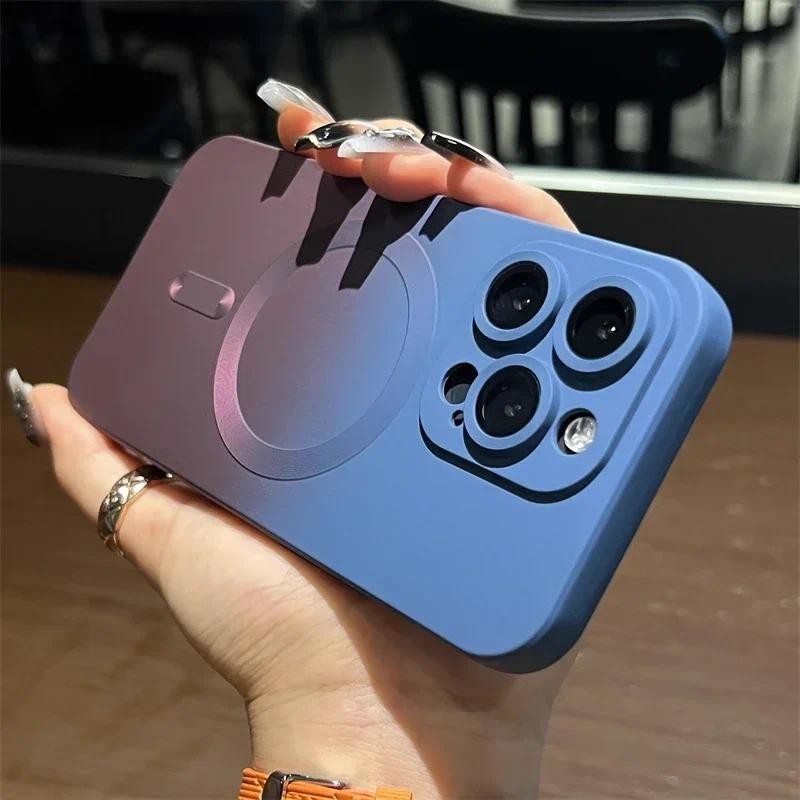 หรูหราไล่โทนสีสีซิลิโคนแม่เหล็กสําหรับ IPhone 16 15 14 Plus 12 11 13 Pro Max 16Pro 16promax 16plus ปกอ่อน