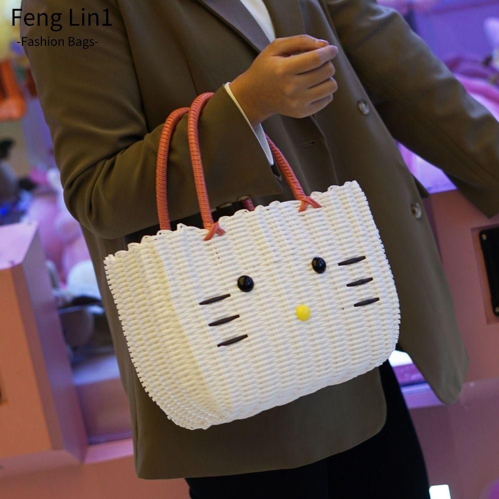 Fengling กระเป๋าสาน,ตะกร้าเก็บพลาสติกน่ารักลายการ์ตูน,Hello Kitty กระเป๋าโท้ทความจุขนาดใหญ่ผู้หญิง