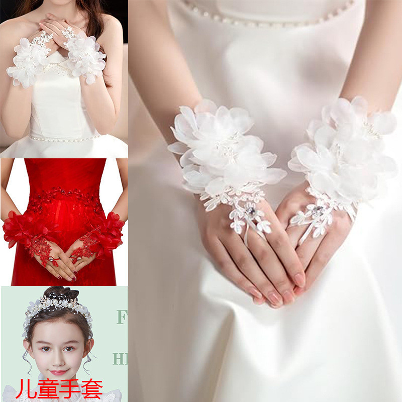 ถุงมือลูกไม้สีขาวสำหรับเด็กการตกแต่งการเต้นแบบสั้นสำหรับเด็กผู้หญิง