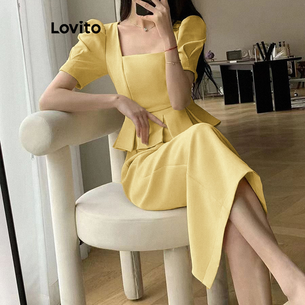 Lovito ชุดเดรสผู้หญิง เย็บหลอกสองชิ้น สีพื้น สไตล์หรูหรา LNE60341