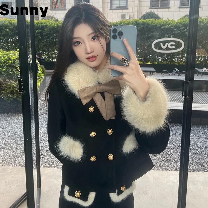 Sunny Coat for Women2024Autumn and Winter New Black Woolen Stitching Fur Collar Thickened Short Petite Top