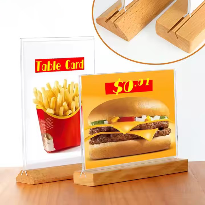 ป้ายอะคริลิคฐานไม้ ป้ายกรอบรูป ตัวT-stand ป้ายเมนู ป้ายร้านกาแฟ อะคริลิคใสมาก A6 A5 A4 แนวตั้ง ฐานไม้ธรรมชาติ