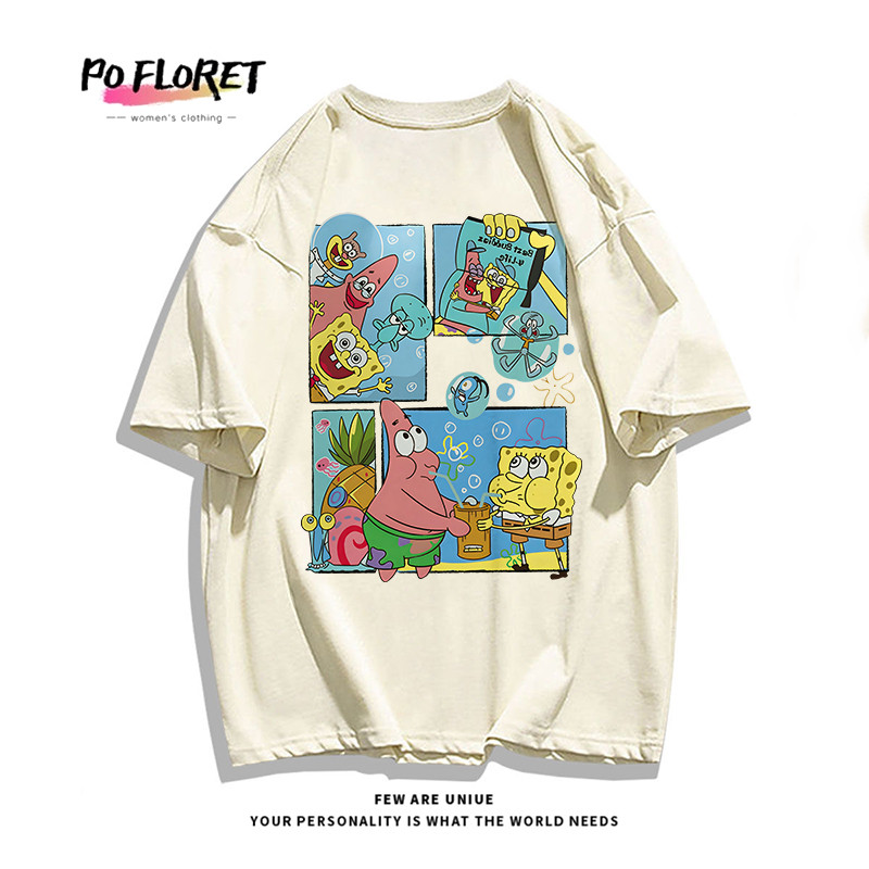 เสื้อยืดผู้หญิง oversize Pofloret ผ้าฝ้าย100% โอเวอร์ไซซ์ เสื้อยืดแขนสั้นลายการ์ตูนเท่ #T2069