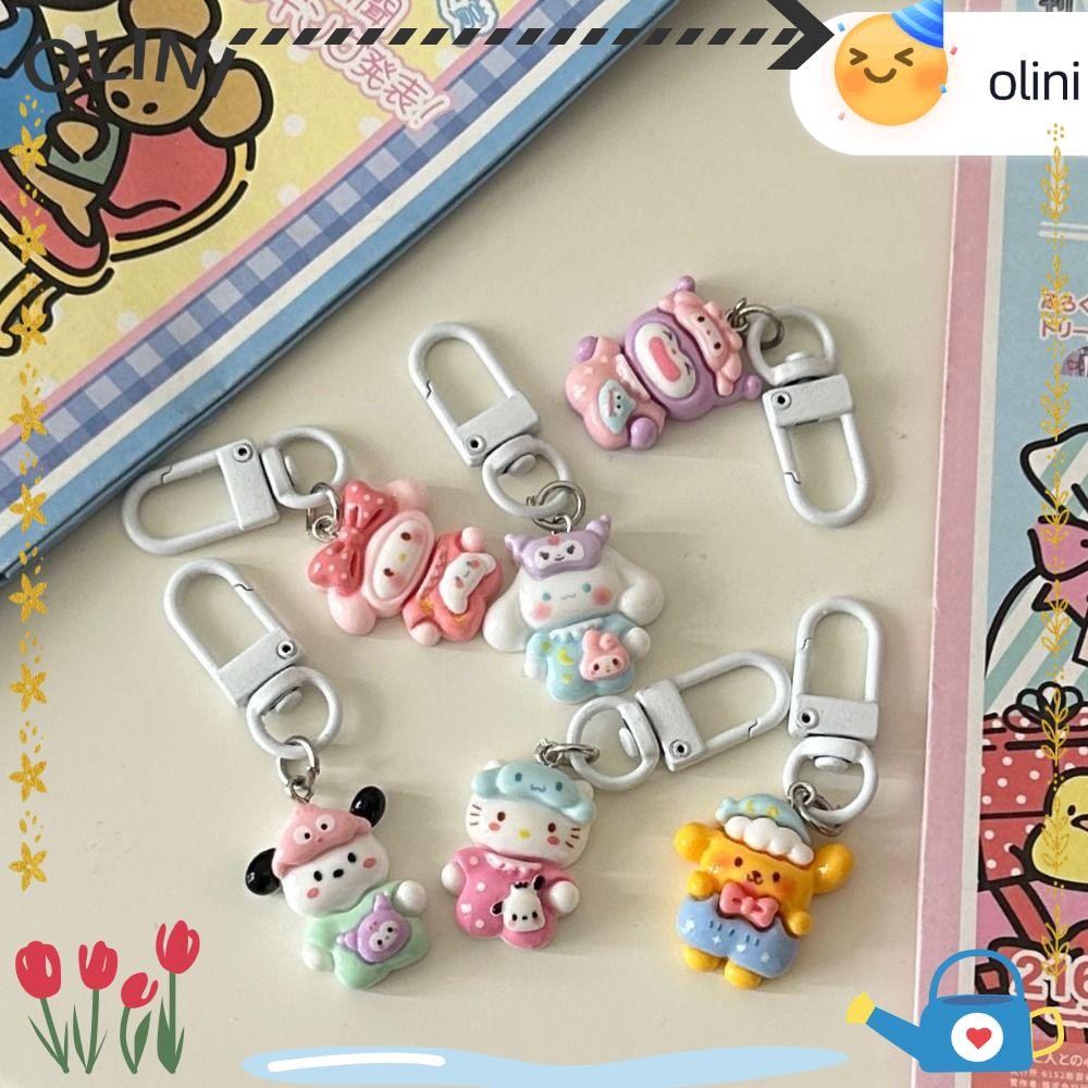 SANRIO โอลินี พวงกุญแจชุดนอนอนิเมะ, พวงกุญแจ ซานริโอ การ์ตูนน่ารัก, อุปกรณ์ตกแต่งรถยนต์แขวนเครื่องประดับสาวหวานกระเป๋าเป้สะพายหลังจี้