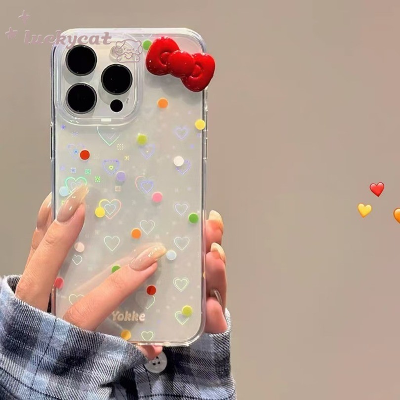 Iphone 15 14 13 12 11 Pro Max X Xr Xs Max 7 8 Plus SE2020 เคสโทรศัพท์ Ins จุดสีลูกกวาดสดโบว์สีแดงปกอ่อนใส