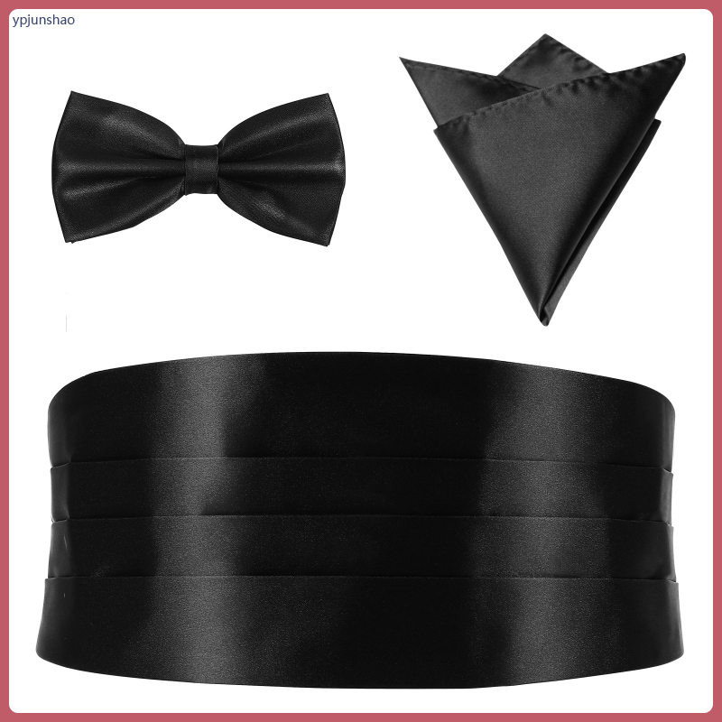 3 ชิ้น Cummerbund Bowtie ผ้าเช็ดหน้าสีดําผ้าพันคอ Man ชุดสําหรับชายงานแต่งงานของผู้ชายเสื้อผ้าอุปกรณ์เสริมแฟชั่น Cumberbund Miss ypjunshao