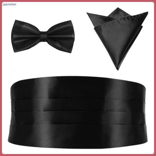 3 ชิ้น Cummerbund Bowtie ผ้าเช็ดหน้าสีดําผ้าพันคอ Man ชุดสํา…