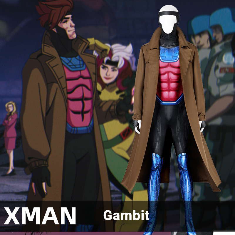 MARVEL xmen 97อะนิเมะคอสเพลย์เครื่องแต่งกาย: ชุด gambit พร้อม jumpsuit, หมวกและเสื้อโค้ทยาวสำหรับผู้