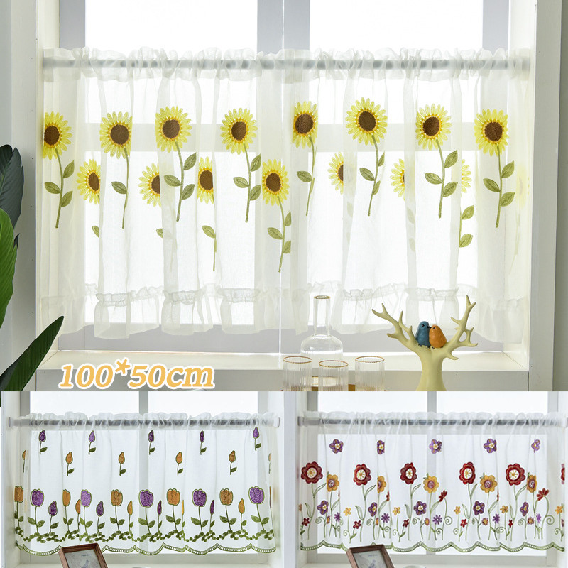 พร้อมส่ง ผ้าม่าน ผ้าม่านห้องครัวผ้าม่านผ้ากอซปัก100*50cm