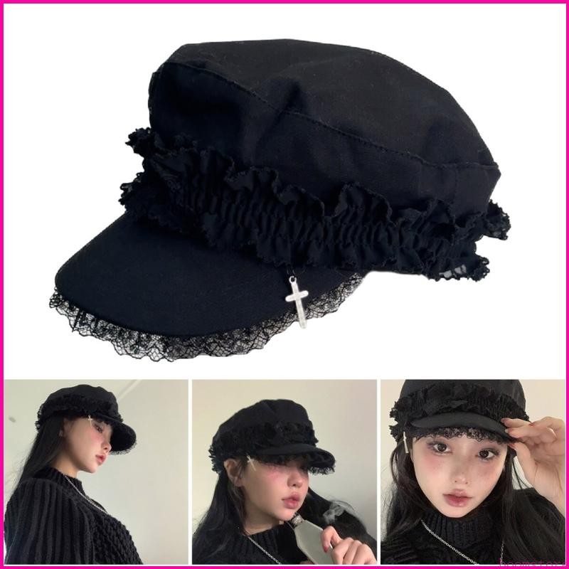 Boom หมวกลูกไม้สําหรับผู้หญิง Beret หมวก 2000 S Chauffeur หมวก หมวก Crucifix จี้สีดําโดมจิตรกรหมวก