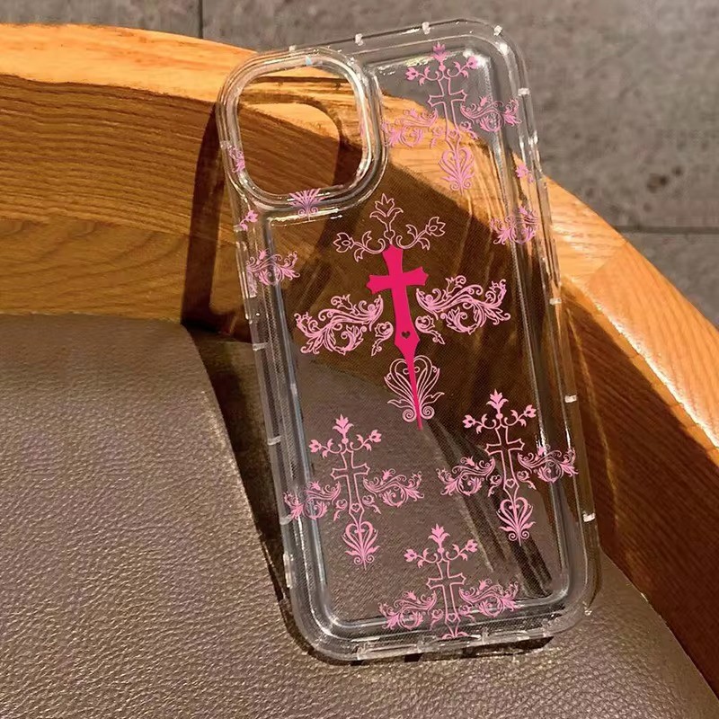 สําหรับiphone 11 14 15 12 13 Pro Max 8 7 Plus XR X XS Max SE2020 2022 12 13 MiniสีชมพูPunkสไตล์Crossดอกไม้พิมพ์โปร่งใสนุ่มซิลิโคนกันกระแทกฝาครอบ