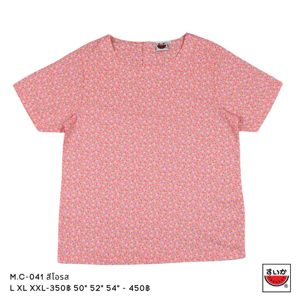 เสื้อแตงโม (SUIKA) - เสื้อผ้าป่านมัสลิน คอปาดกระดุมหลัง 3 เม็ด แขนสั้น ลายดอกไม้ (M.C-041)