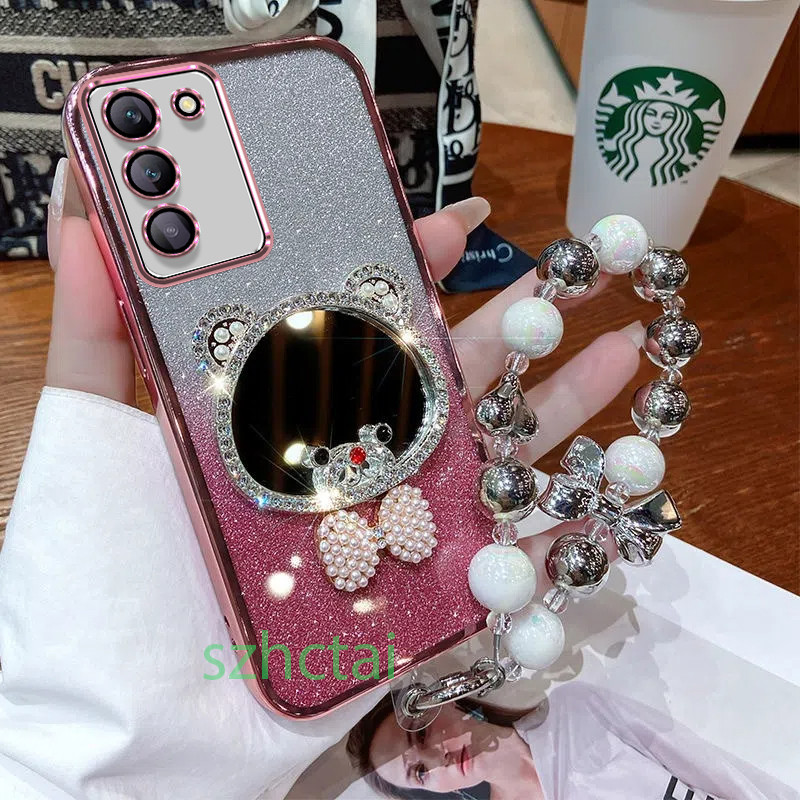 เคสโทรศัพท์ Vivo Y100 5G V27 5G V27E V25 V25E V23 5G V23E V21 5G กระจกแต่งหน้าหูหมีมงกุฎหรูหราพร้อมเ