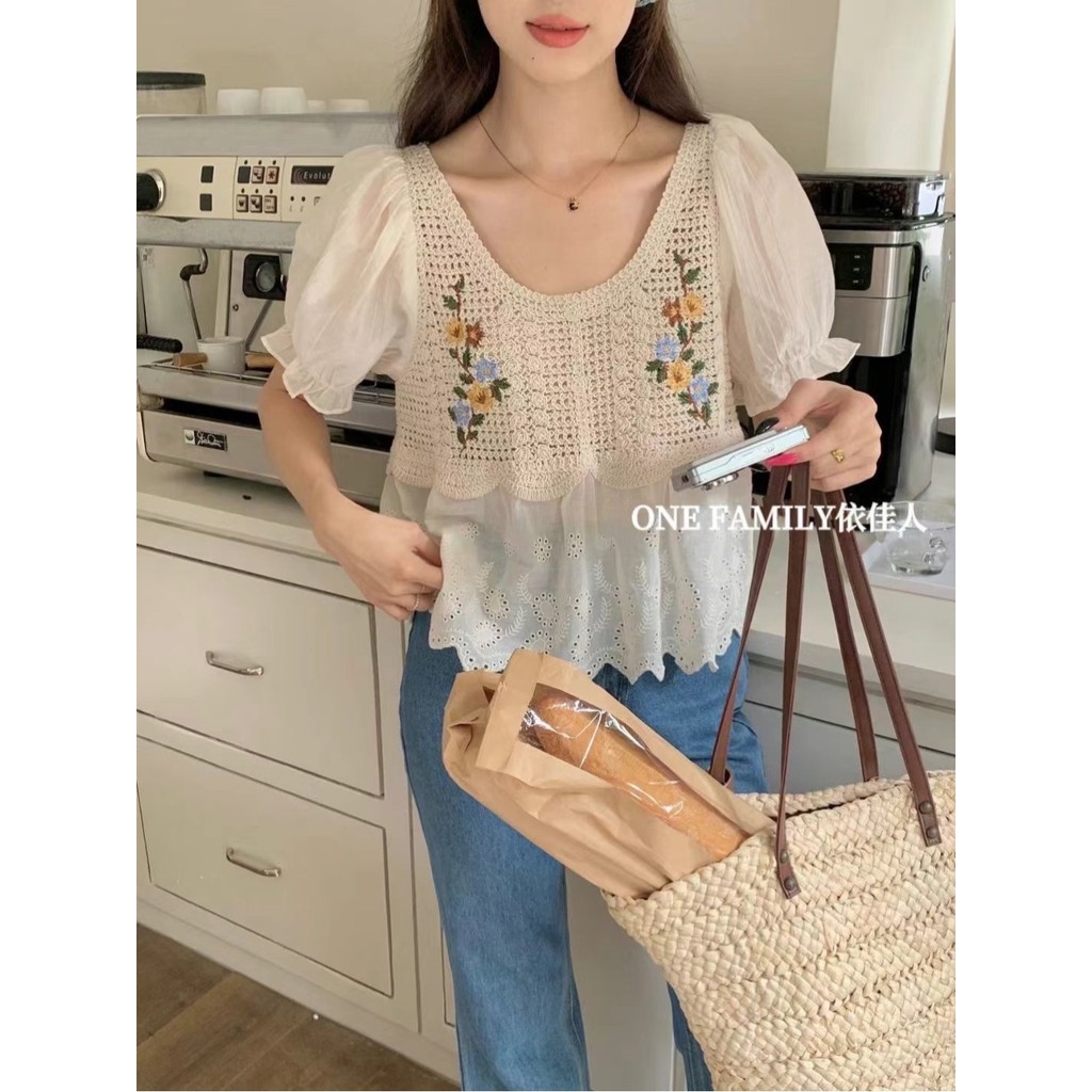 เสื้อชีฟองแขนสั้นเย็บโครเชต์ลายปักแนววินเทจสไตล์ฝรั่งเศสสำหรับผู้หญิงเสื้อสไตล์ชนเผ่าโบฮีเมียนหวานสำหรับฤดูร้อน