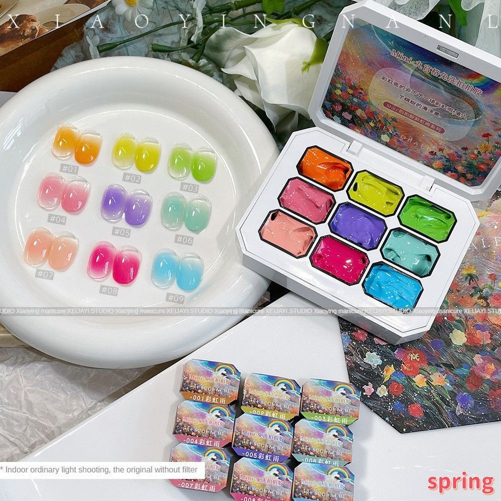 ✨ Xeijayi 9 Grids/1 Set เจลทาเล็บแบบตบเบาๆ Rainbow Rain Series กาวทาเล็บแบบไม่ต้องล้างออก ทาสี ตบเบาๆ ด้วยแสงบำบัด เล็บปลอมสำหรับร้านทำเล็บ (SPRING)