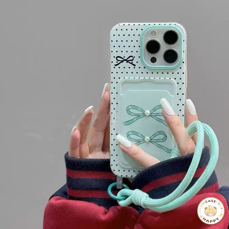INS มิ้นต์สีเขียวธนูไข่มุกรูปแบบจุดสี ช่องใส่บัตรพร้อมส เคสIPhone 11 15 14 13 12 Pro Max XS XR X Max 7 8 15 Plus SE 2020