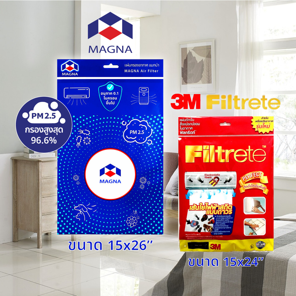 แผ่นกรองอากาศ กรองฝุ่น PM 2.5 แมกน่า ฟอกอากาศ ไส้กรองอากาศ / MAGNA 3เอ็ม ฟิลทรีตท์ เฮปปา 3M Filtrete Air Filter MI Ai...