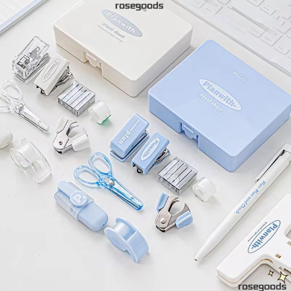 Rose 8 ชิ้น/กล่องชุดเครื่องเขียนนักเรียน, Kawaii Mini Office Efficiency Set, Ins Multifunction School Supplies Puncher Stapler|ชุดเซต