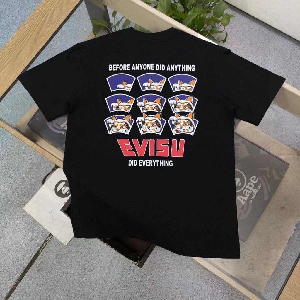 Ev High Version Street Wear Small Seagull Fan-Shaped Lucky Cat รูปแบบโลโก้พิมพ์ Casual ผู้ชายผู้หญิงสไตล์รอบคอแขนสั้นเสื้อยืดป้าย + Tag