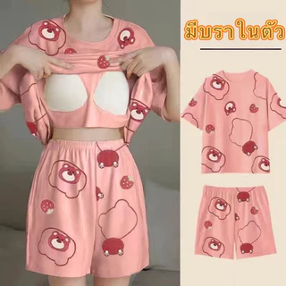 🌸ส่งไวจากไทย 💜ชุดนอน ไซส์ รอบอก 55 ชุดนอนสตรีชุดนอนแขนสั้นขาสั้นคอกลมมีบราในตัว ผ้าเด้งนิ่ม