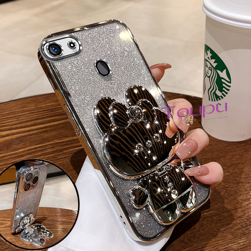 ปลอกเคส OPPO F5 F7 พร้อมเคสโทรศัพท์กลิตเตอร์โปร่งใสแบบยึดกระต่ายน่ารักด้วยไฟฟ้า