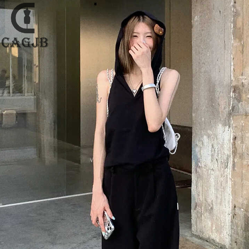 Cagjb เสื้อถักซี่โครงแขนกุดผู้หญิง - เสื้อเชิ้ตลําลองสีทึบสบายเปิดหลังสลิมฟิตเสื้อมีฮู้ดแขนกุด UOM