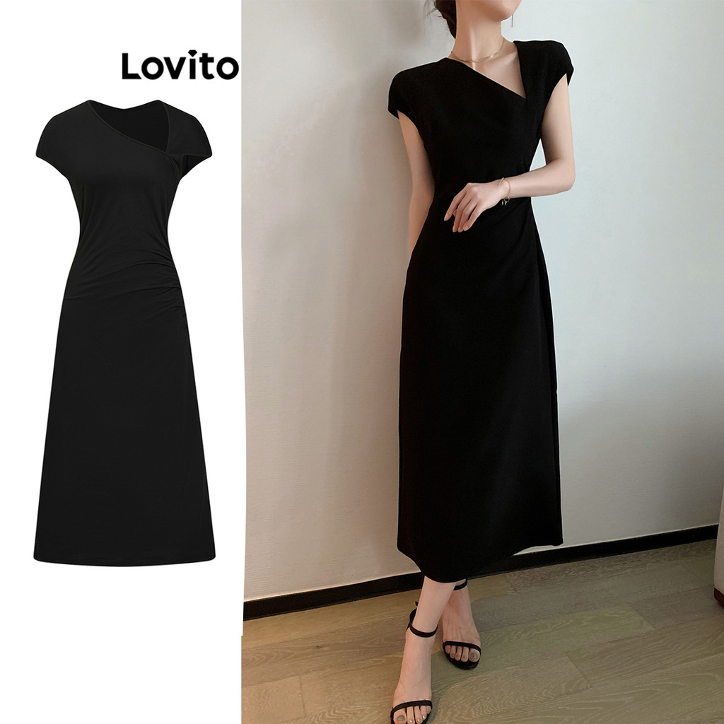Lovito ชุดเดรสพื้นฐานไม่สมมาตรเรียบง่ายหรูหราสำหรับผู้หญิง L100MD086