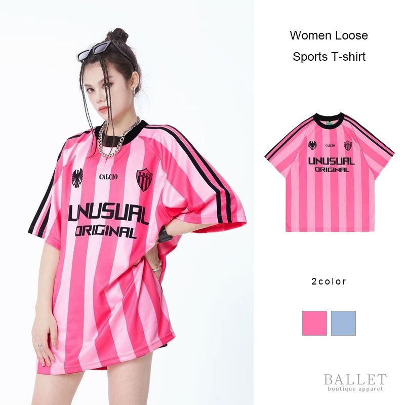 ฤดูร้อนสไตล์อเมริกันลำลองย์ลายแขนสั้นเสื้อยืดผู้หญิงหลวมกีฬาเสื้อยืด BB