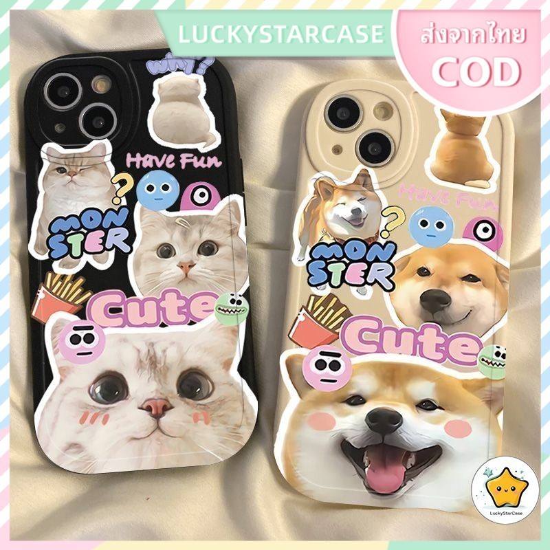 ลูกแมวตาโตมีสไตล์เข้ากันได้กับ iPhone11 13 15 14 12 Pro Max ลูกสุนัข X XR XSMAX 7 8 14 15 Plus เคสโทรศัพท์กันกระแทก