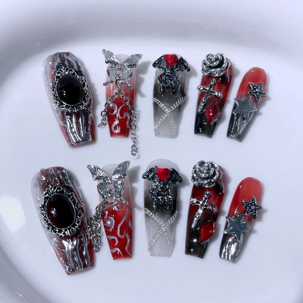 Sweet Cool Cyberpunk Handmade สวมใส่เล็บ Blood Mourning Dark Coffin Nail Art ผีเสื้อกุหลาบ Cross Halloween กดบนเล็บ