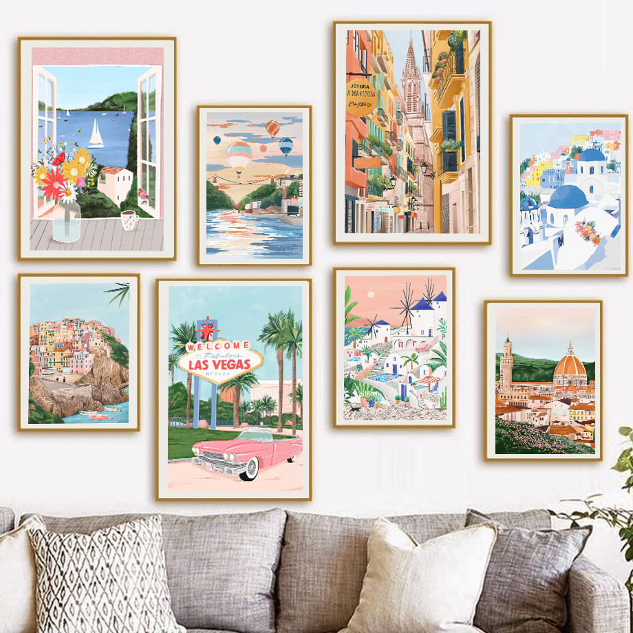 (พร้อมกรอบ) Hot Air Balloon Vintage Car Coastal Structure Great Bridge Watercolor แฟชั่น Wall Art ภาพวาดผ้าใบ Nordic โปสเตอร์ตกแต่งห้อง