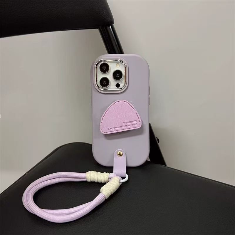 ขาตั้งหนังสามเหลี่ยมสีม่วงเรียบง่าย สีม่วงอ่อนสีเบจสายสั้นเคสโทรศัพท์สําหรับ iPhone xs xr 11 12 13 14 15 Pro Plus Promax