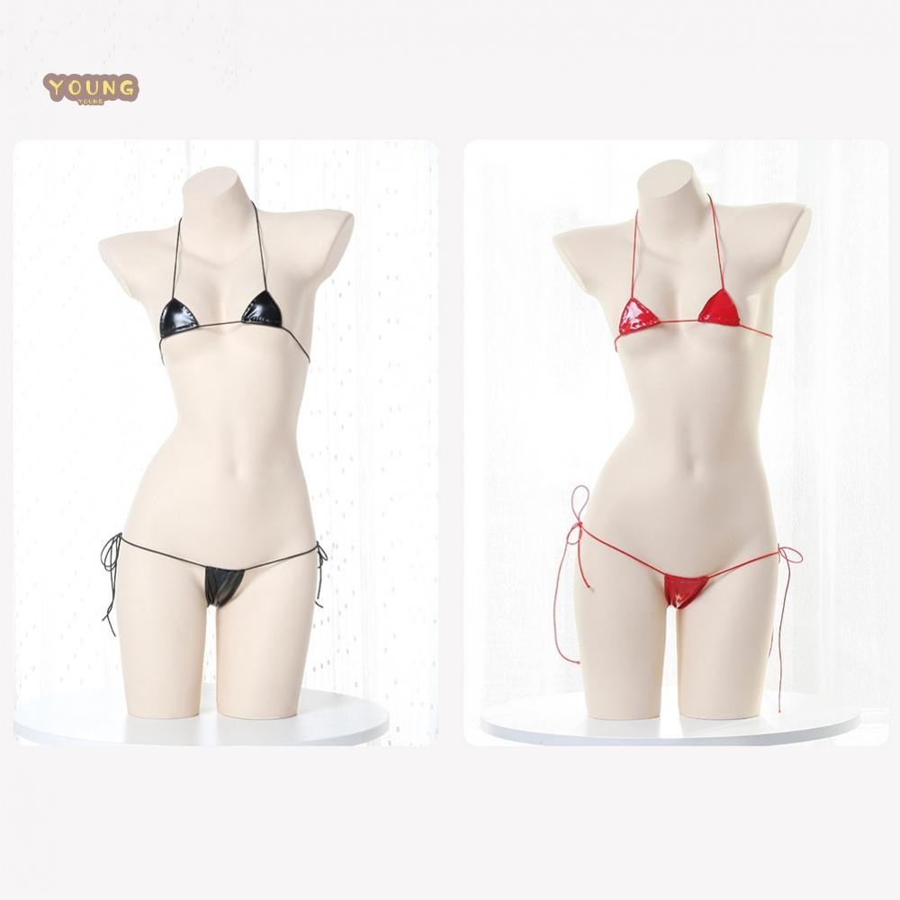 Women's Patent Leather Sexy Lingerie Bikini Bra G string Lace up Halter Wet Look