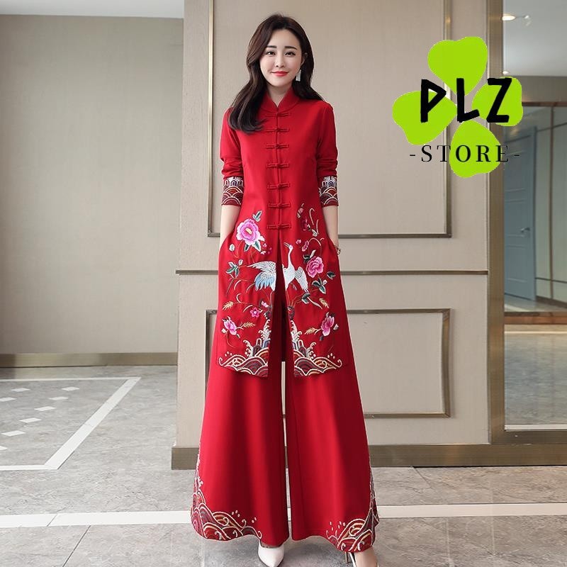 สไตล์ Vintage ผู้หญิง Hanfu Midi Qipao สองชิ้นเสื้อผ้าแบบดั้งเดิมกางเกงชุด Tang ชุด Robe Orientale เสื้อผ้า