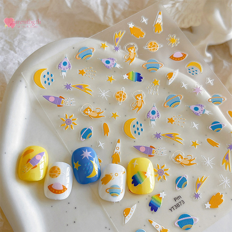 Renbg 5D นูนน่ารักการ์ตูน Space Cat Asterism ออกแบบเล็บสติกเกอร์ Decals Self กาวอุปกรณ์สําหรับสตรีและหญิง TH