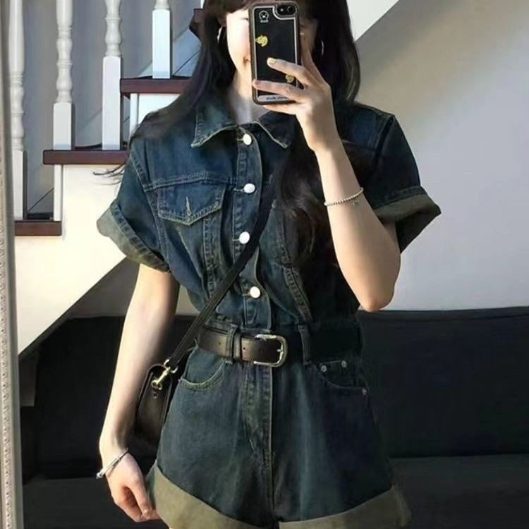 กางเกง ชุดจั๊มสูท เอวย้อนยุคการออกแบบฤดูร้อนใหม่หลวมสลิมมิ่งจั๊มสูทสั้นกว้าง