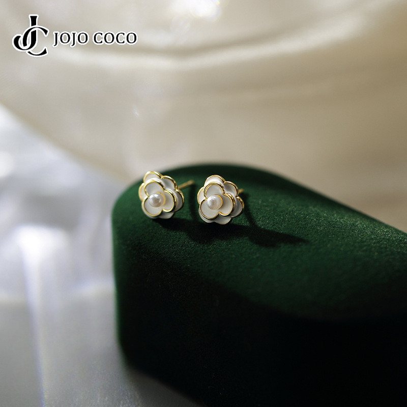 Jojo COCO S925 เข็มเงินเวอร์ชั่นเกาหลี Camellia Pearl Hypoallergenic ต่างหูสําหรับผู้หญิง