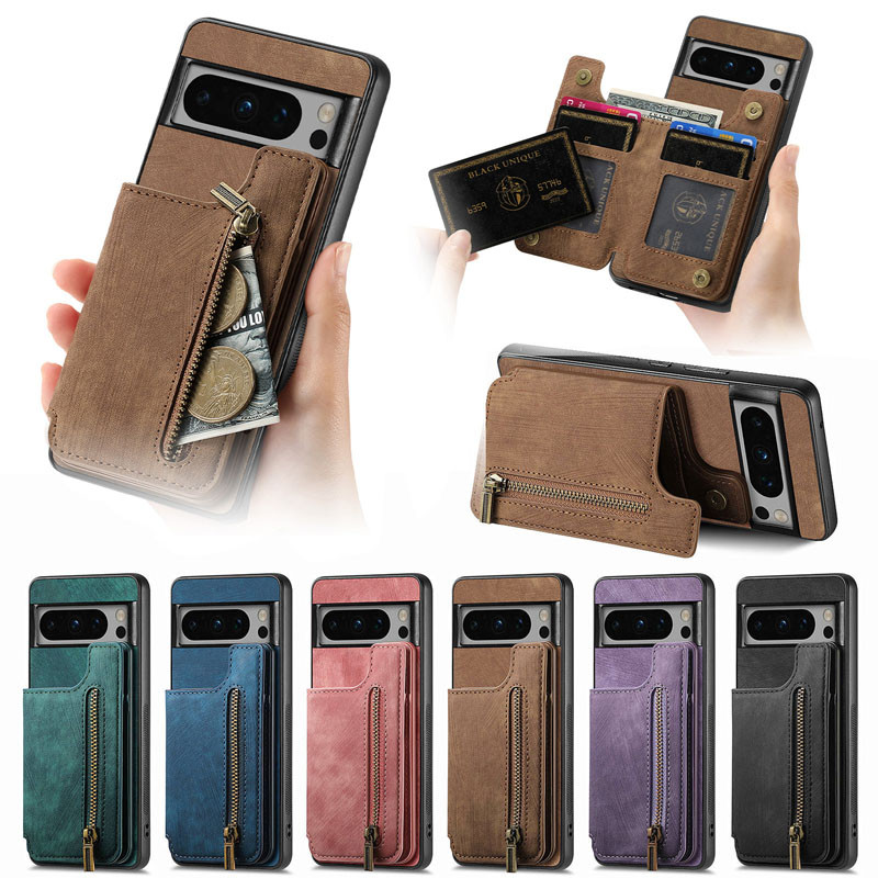 Retro Wallet Case Google Pixel 9 8 8A 7 6 7A 6A Pro Zipper Storage Card Holders Matte Phone Cover