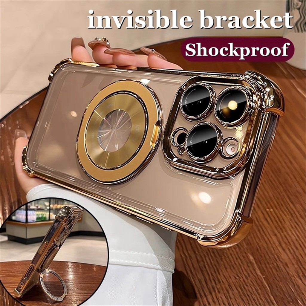 วงเล็บที่มองไม่เห็นชุบเคสโทรศัพท์โปร่งใสสําหรับ IPhone 16 Pro Max 12 13 14 15 Pro Max 16 Plusปลอกใสกันกระแทก