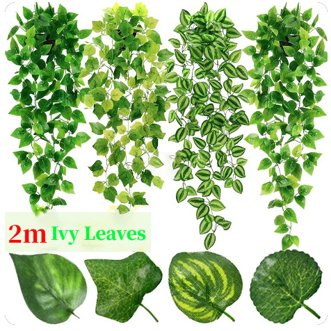 2M พืชประดิษฐ์สีเขียว Ivy Leaf/พวงมาลัยแขวน Vines/DIY พวงหรีดปลอมใบ Home Party Decor