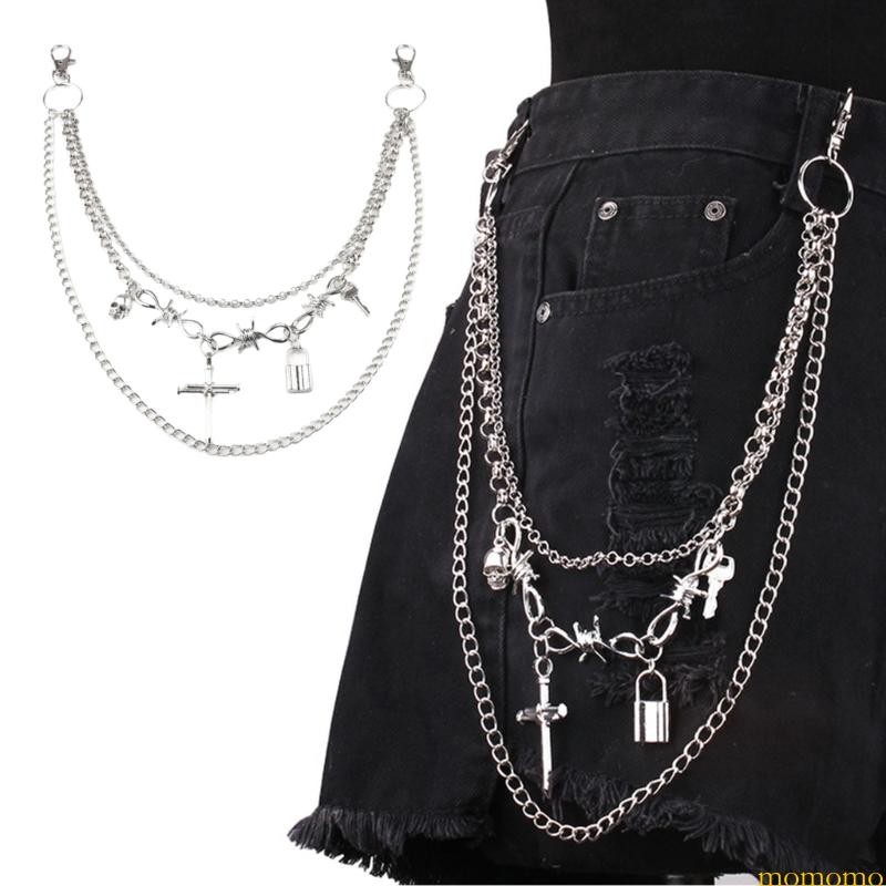 Momo MultiLayer Harajuku กางเกงโซ่ Crosses Punk เข็มขัดกางเกงยีนส์กางเกงสําหรับ Egirl Eboy Cool ความงามโซ่