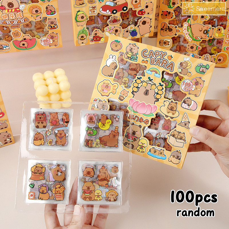 {Streamers} 100sheets Kawaii Capybara สติกเกอร์สติกเกอร์กันน้ําการ์ตูนสัตว์น่ารักสติกเกอร์ Creative กระเป๋าเดินทาง Decal ของเล่นเด็กของขวัญใหม่