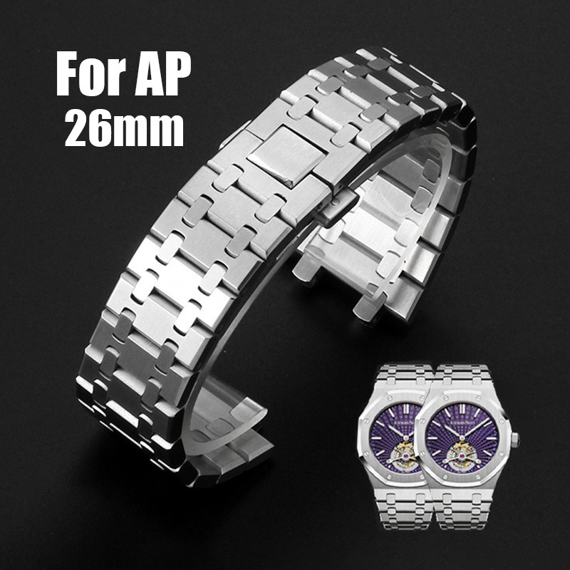สายนาฬิกาสแตนเลสหรูหราสําหรับ AP ROYAL OAK 15400 15500 สร้อยข้อมือ 26 มม.สายนาฬิกาโลหะแข็งสายรัดข้อมือหัวเข็มขัดผีเสื้อ