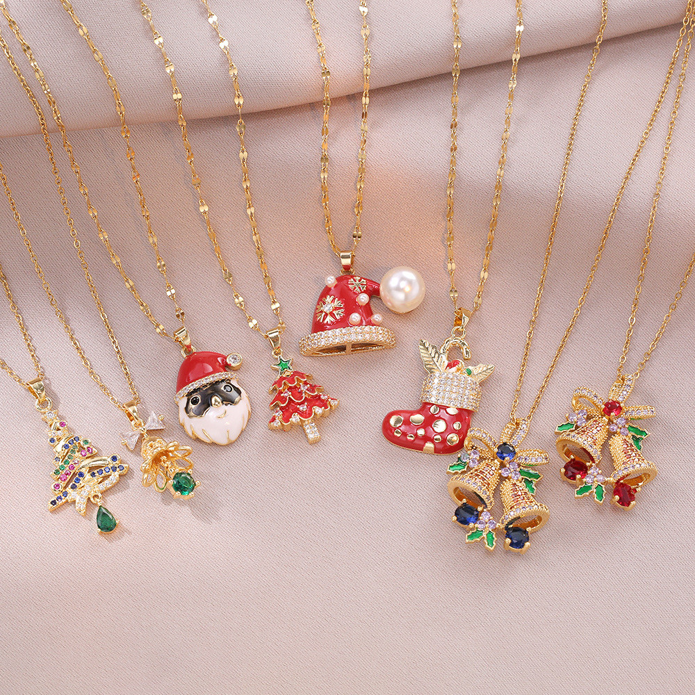 สร้อยคอ ไทเทเนียมเหล็กชุบ 18K ทองแท้ Micro-Inlaid Zircon Wishing จี้ต้นคริสต์มาสแฟชั่น Classy สร้อยคอคริสต์มาส