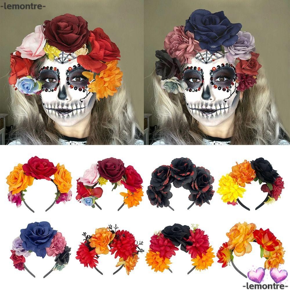 Lemontre ฮาโลวีนปาร์ตี้เครื่องแต่งกาย Headwear, Photo Props คอสเพลย์เม็กซิกัน Rose ดอกไม้ Crown, สีสันฮาวาย Boho Day of The Dead Headpiece สําหรับผู้หญิง