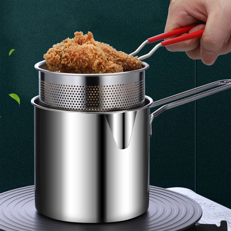 Portable Deep Frying Pot Deep Frying Tempura French Fries Fryer With Strainer Basket Small Pot for K