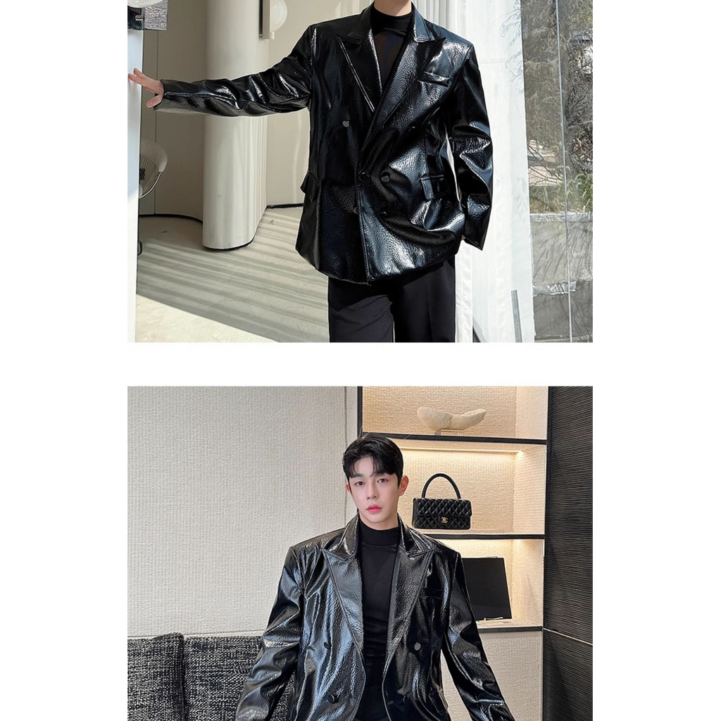 Niche แฟชั่นหนังจระเข้เนื้อไหล่แผ่นหนังเงาสีแดง Slim-fit หล่อเสื้อสูทหนังชายนักร้องเสื้อผ้าประสิทธิภาพ ราคา ถูกที่สุด ดีลบีเคเค แกลเลอรีภาพที่ 9