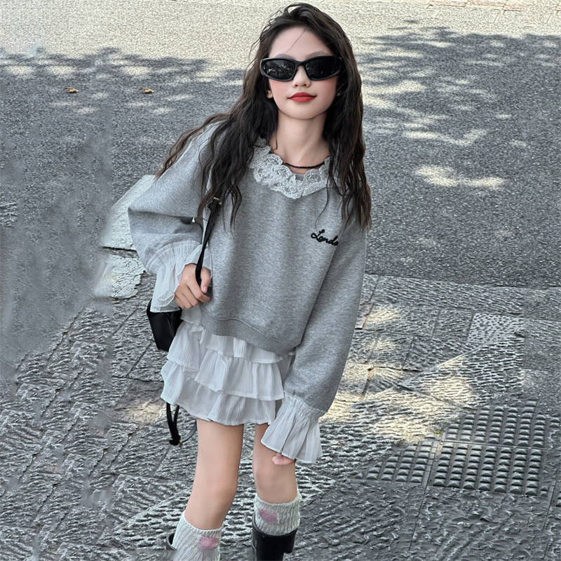 เสื้อผ้าเด็กผู้หญิงฤดูใบไม้ร่วงลูกไม้เย็บเสื้อแจ็คเก็ตแขนยาว + กระโปรงเค้กชุดสองชิ้น 5-13 ปี