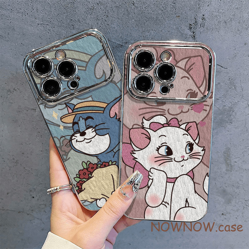 สําหรับ iPhone 16 15 14 13 12 11 Pro MAX X XR XS MAX 7 8 Plus INS การ์ตูนน่ารักเคลือบด้วยไฟฟ้าหน้าต่างขนาดใหญ่ Tom และ Mary คู่เคสโทรศัพท์ปกอ่อน